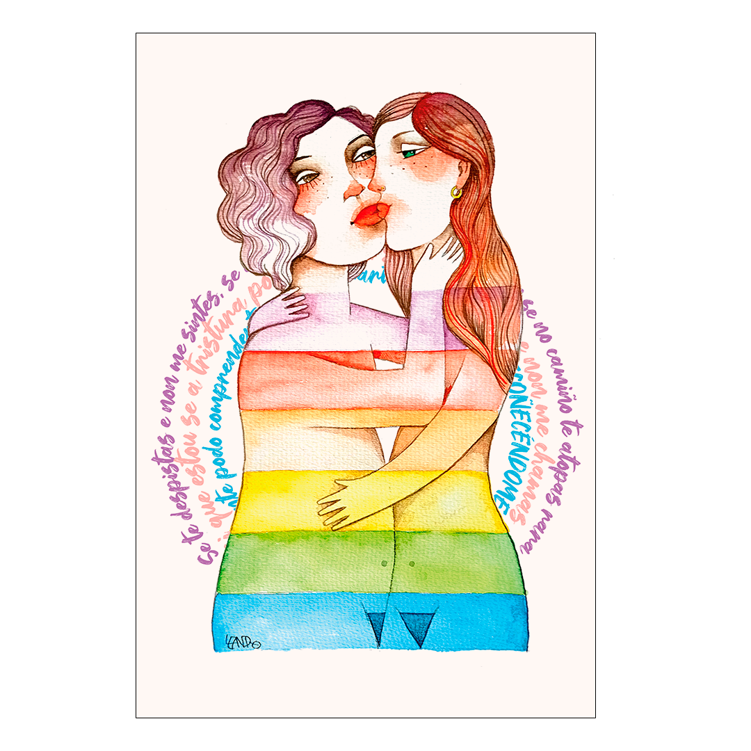 ámina Apetas e bicos de Leandro Lamas, ilustración de dos mujeres abrazándose con los colores de la bandera arcoíris en papel acuarela.