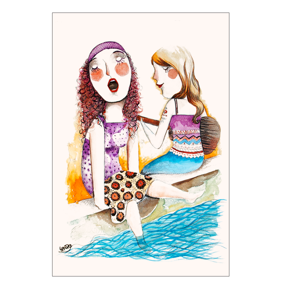 Lámina Cantareiras de Leandro Lamas, ilustración de dos mujeres cantando y tocando panderetas, con colores vivos en papel de textura acuarela.